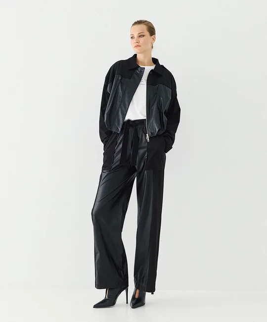 Ensemble blouson simili cuir + pantalon simili cuir suédine — Noir