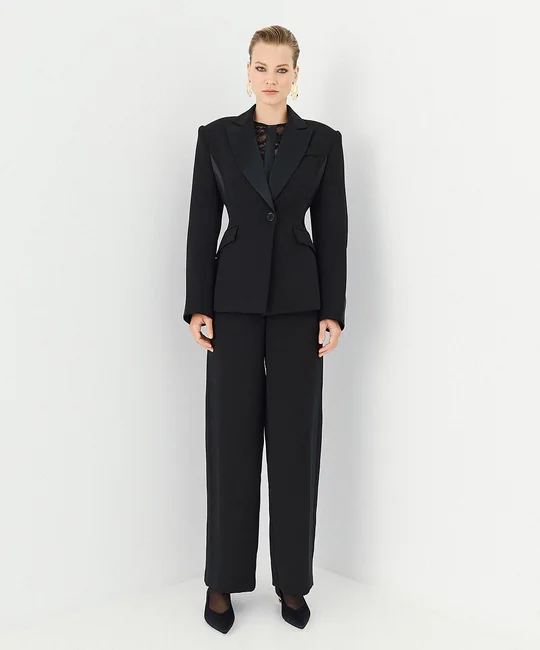 Ensemble blazer ajusté + pantalon large satin — Noir