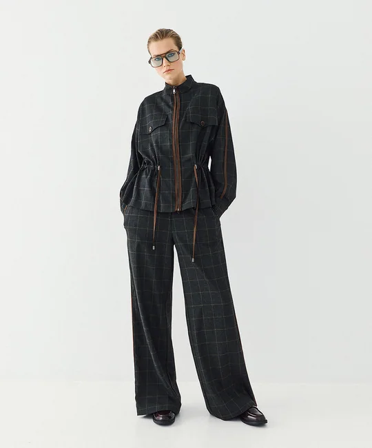 Ensemble veste à carreaux à cordons & pantalon à carreaux taille élastique — Anthracite