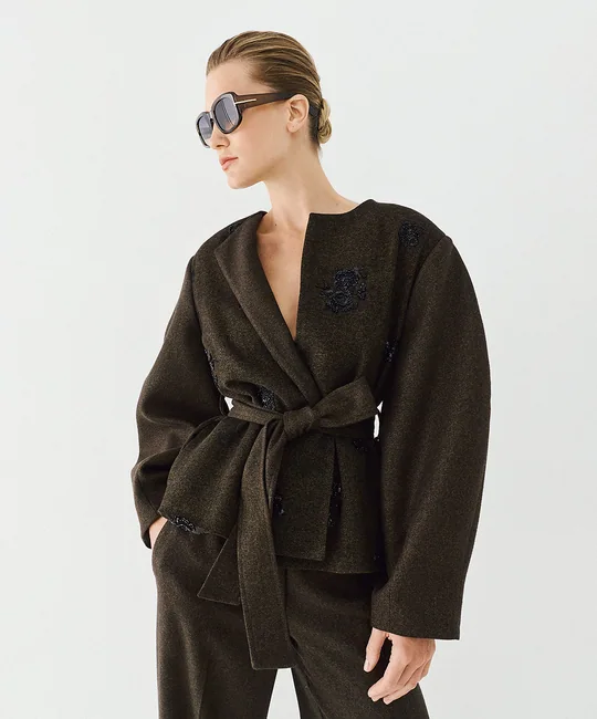 Veste ceinturée + Pantalon palazzo olive — vue 4