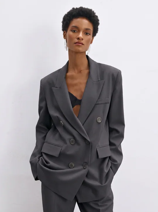 Blazer croisé + Pantalon large tailleur anthracite — vue 3