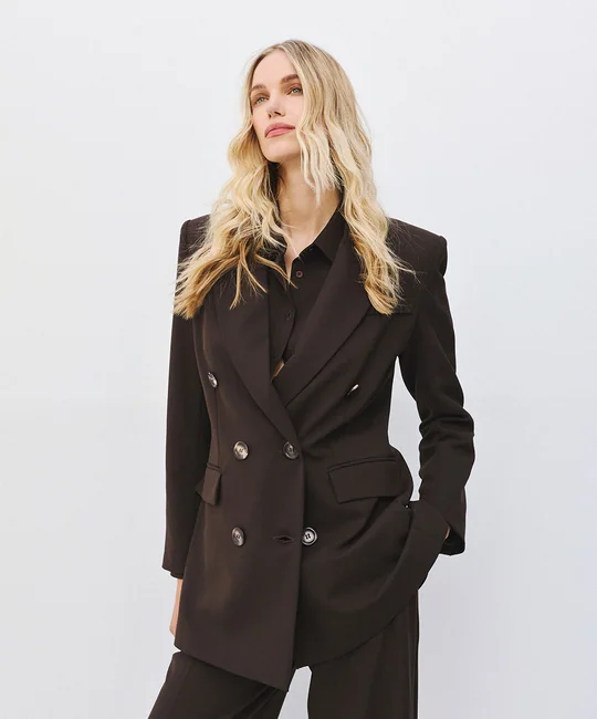 Blazer croisé + Pantalon large tailleur café — vue 1
