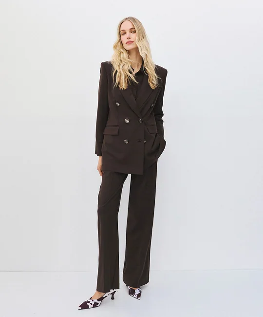 Blazer croisé + Pantalon large tailleur café — vue 2