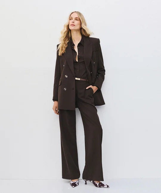 Blazer croisé + Pantalon large tailleur café — vue 4