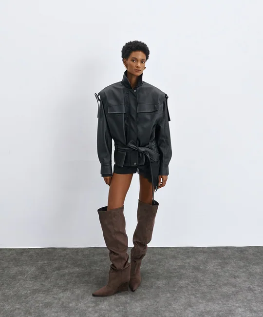 Veste simili cuir ceinturée + Short à pinces noir — vue 1