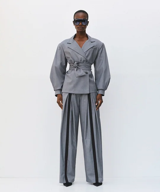 Blazer croisé + Pantalon large gris — Gris