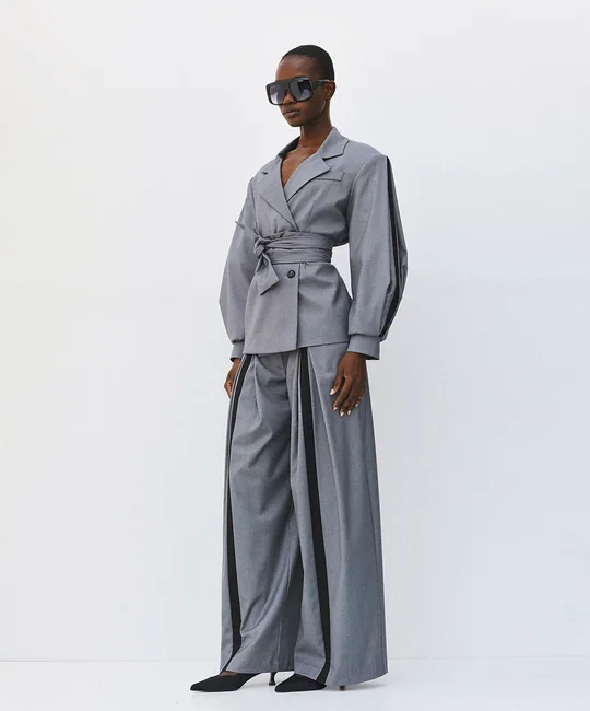 Blazer croisé + Pantalon large gris — vue 3