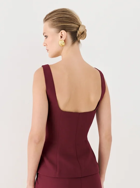Ensemble top col carré zippé + pantalon taille haute bordeaux — vue 3
