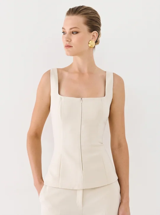 Ensemble top col carré zippé + pantalon taille haute écru — vue 1