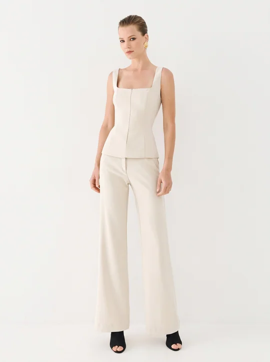 Ensemble top col carré zippé + pantalon taille haute écru — vue 2