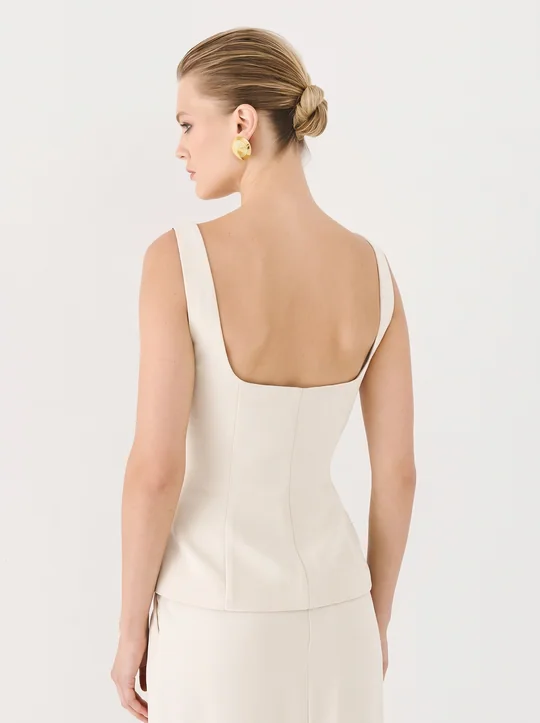 Ensemble top col carré zippé + pantalon taille haute écru — vue 3