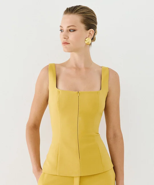 Ensemble top col carré zippé + pantalon taille haute jaune — Jaune