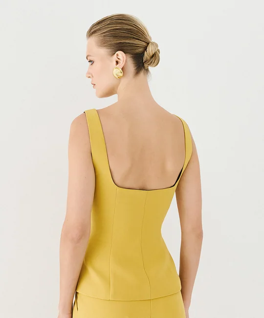 Ensemble top col carré zippé + pantalon taille haute jaune — vue 3