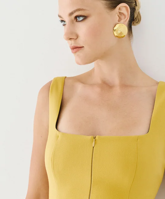 Ensemble top col carré zippé + pantalon taille haute jaune — vue 4