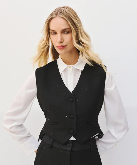 Ensemble gilet tailleur dos dentelle + pantalon cigarette strass — Noir