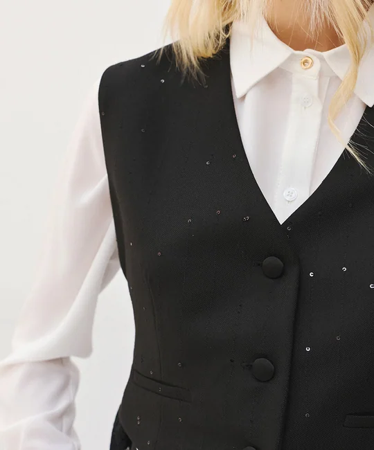 Ensemble gilet tailleur dos dentelle + pantalon cigarette strass — vue 3