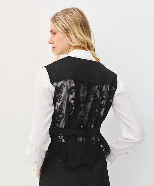 Ensemble gilet tailleur dos dentelle + pantalon cigarette strass — vue 4