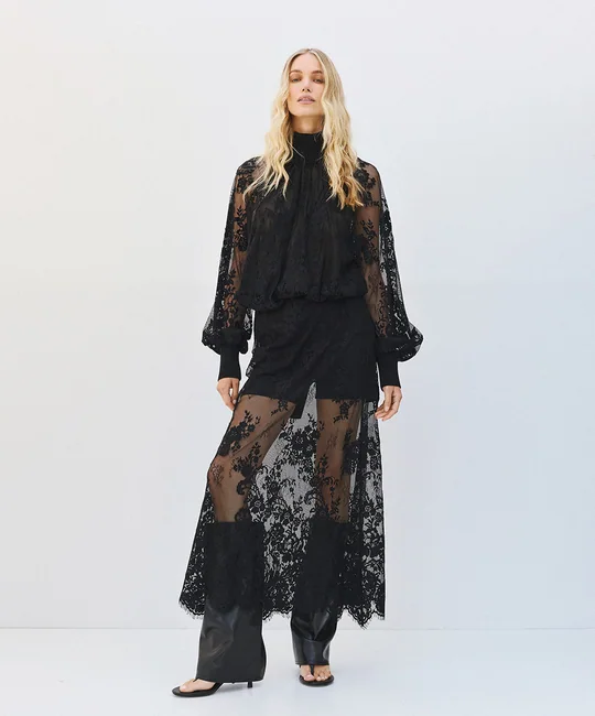 Blouse en dentelle manches bouffantes — Noir