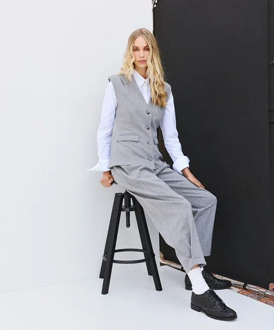 Ensemble gilet tailleur long + pantalon barrel à plis gris — Gris