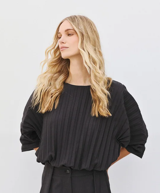 Ensemble top plissé manches kimono & pantalon large à double pince — Anthracite