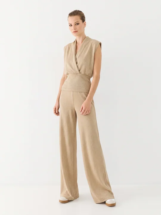 Ensemble top cache-cœur lurex + pantalon lurex beige — Beige