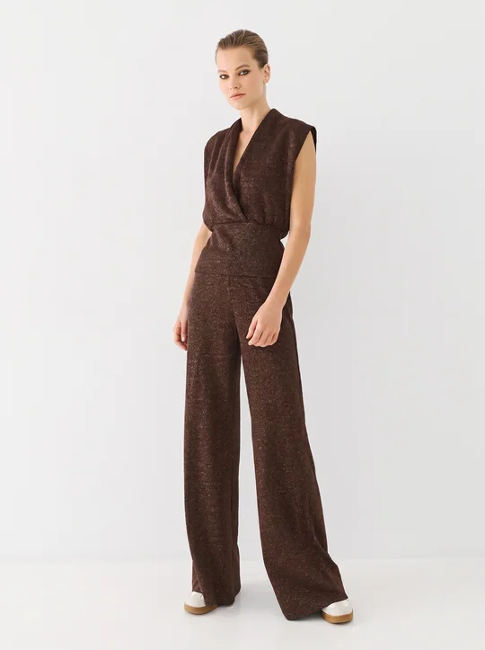 Ensemble top cache-cœur lurex + pantalon lurex café — vue 1