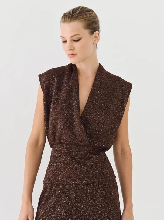 Ensemble top cache-cœur lurex + pantalon lurex café — vue 2