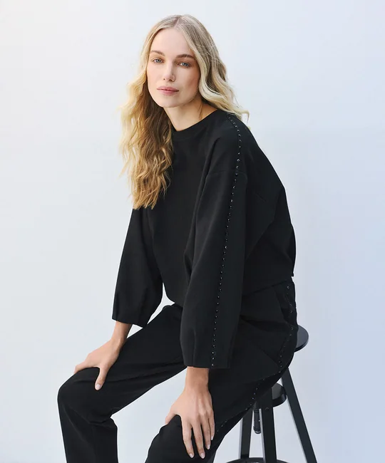 Ensemble blouse plis strassée + pantalon strass — Noir