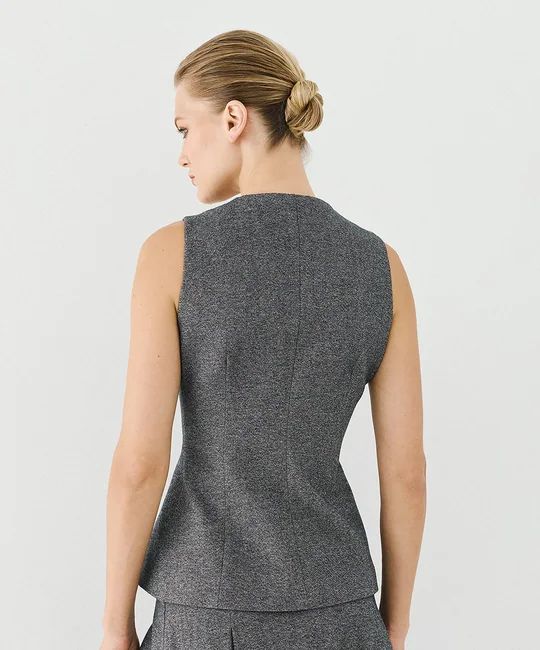 Ensemble gilet tailleur boutonné + jupe midi à plis gris — vue 3