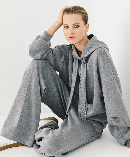 Ensemble sweat capuche clouté + pantalon large gris — Gris