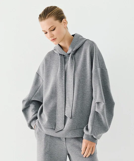 Ensemble sweat capuche clouté + pantalon large gris — vue 3
