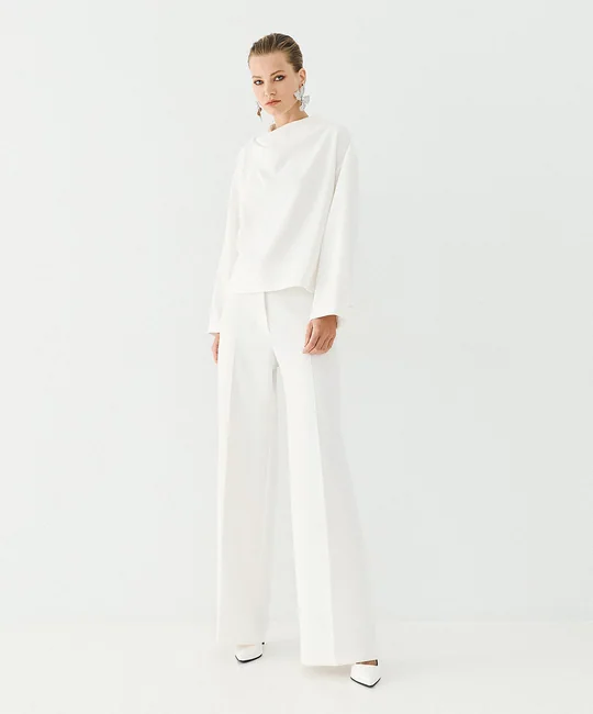 Ensemble blouse col drapé + pantalon droit écru — Écru