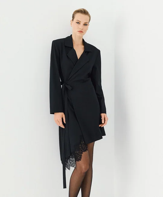 Robe blazer portefeuille à ourlet dentelle — Noir