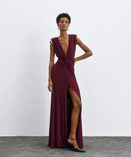 Robe longue nouée fendue — Bordeaux