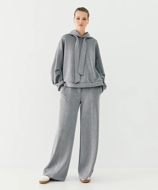 Ensemble sweat capuche clouté + pantalon large gris — vue 8