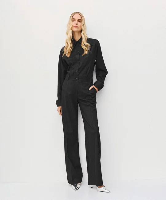 Ensemble chemise rayée ajustée + pantalon droit rayé anthracite — Anthracite