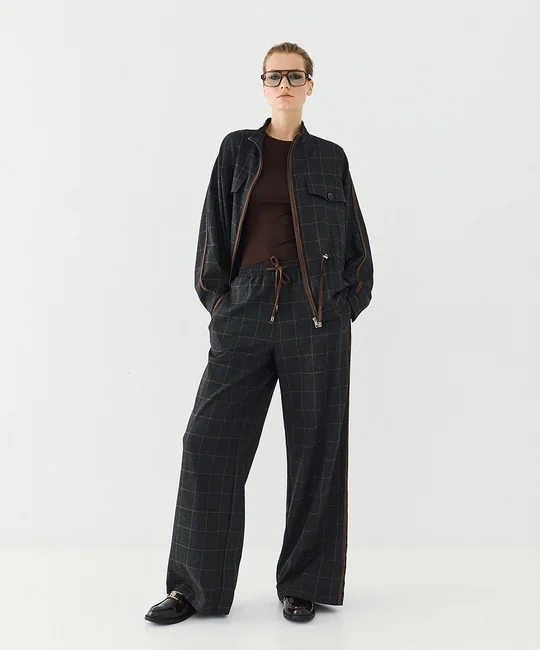 Ensemble veste à carreaux à cordons & pantalon à carreaux taille élastique — Anthracite