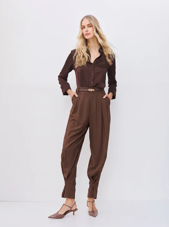 Chemise épaulettes + Pantalon taille haute café — Café