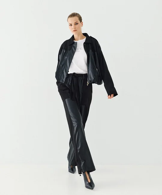 Ensemble blouson simili cuir + pantalon simili cuir suédine — Noir