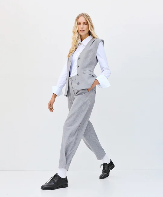 Ensemble gilet tailleur long + pantalon barrel à plis gris — vue 8