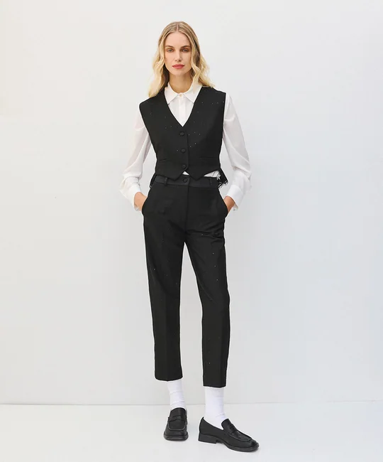 Ensemble gilet tailleur dos dentelle + pantalon cigarette strass — Noir