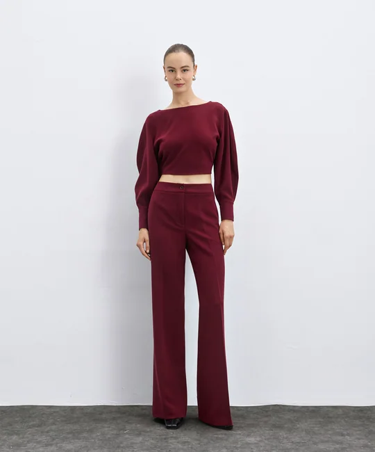Ensemble blouse col drapé + pantalon droit bordeaux — Bordeaux