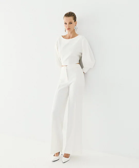 Ensemble blouse col drapé + pantalon droit écru — vue 6