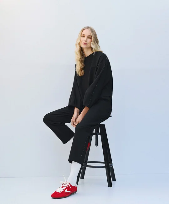 Ensemble blouse plis strassée + pantalon strass — Noir