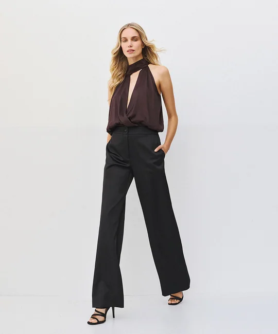 Top péplum asymétrique & Pantalon satiné Noir — Noir
