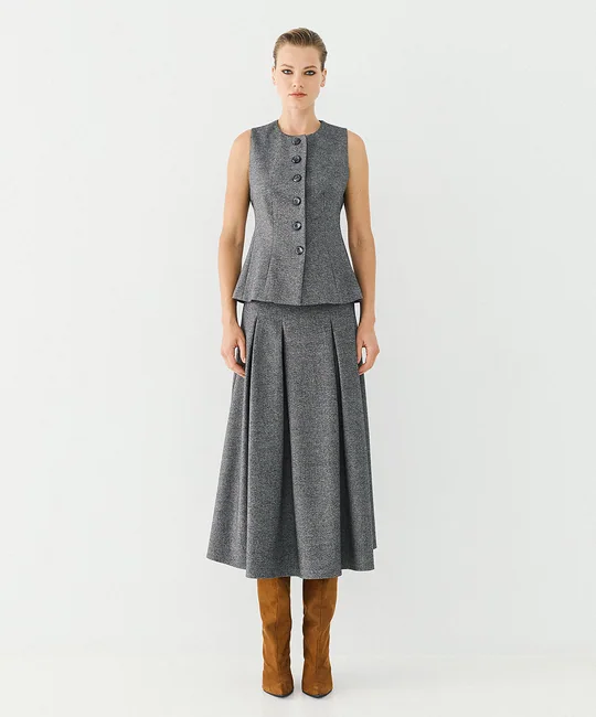 Ensemble gilet tailleur boutonné + jupe midi à plis gris — vue 9