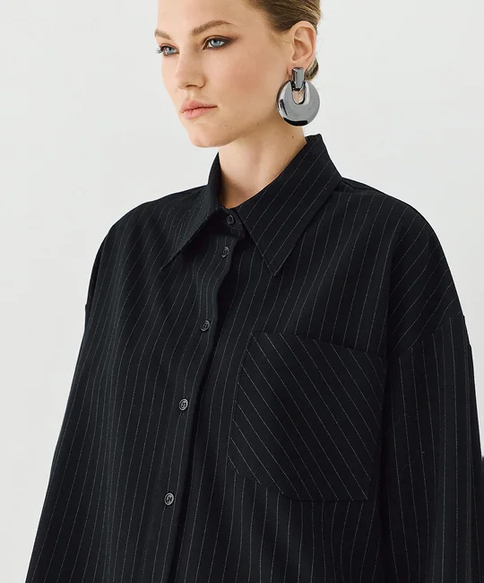 Chemise rayée dos dentelle + Pantalon carotte rayé noir — vue 5