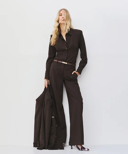 Chemise épaulettes + Pantalon taille haute café — Café