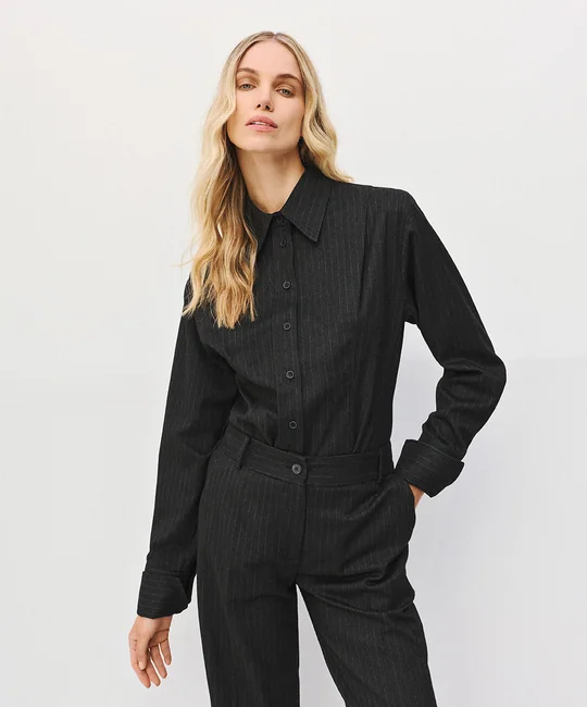 Ensemble chemise rayée ajustée + pantalon droit rayé anthracite — Anthracite