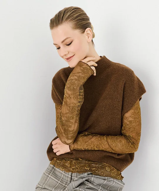 Pull sans manches col montant — Café